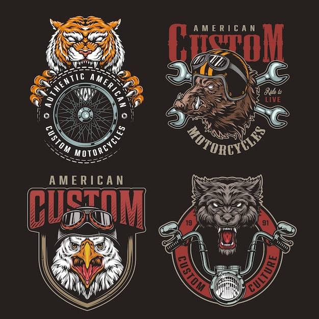 Conjunto de emblemas de mascotes de motociclistas de animais coloridos