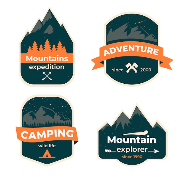 Conjunto de emblemas de viagem mão desenhada. Acampamento rótulos de conceitos.