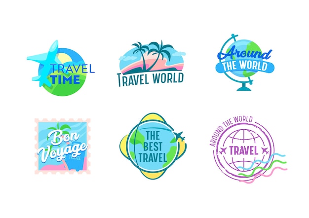 Conjunto de emblemas de viagens com aviões, globo terrestre, palmeiras e carimbo postal. ícones para serviço de agência de viagens ou aplicativo para celular, rótulos de desenhos animados isolados no fundo branco