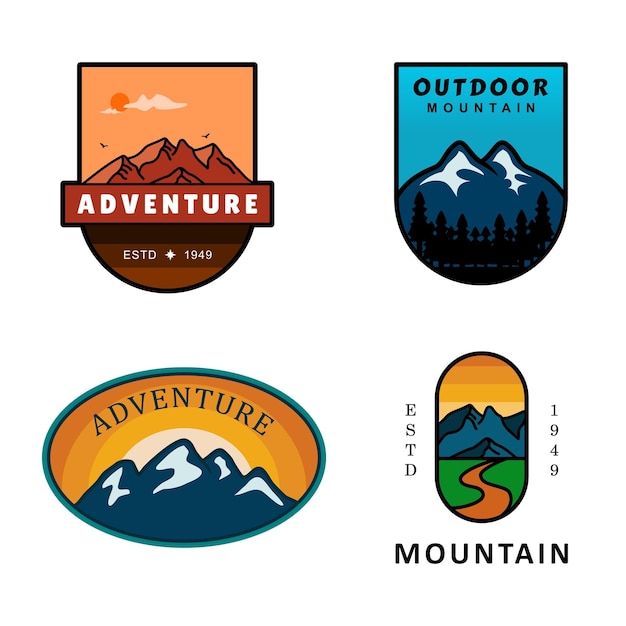 Conjunto de emblemas de viagens de montanha. Rótulo de acampamento na selva em estilo vintage