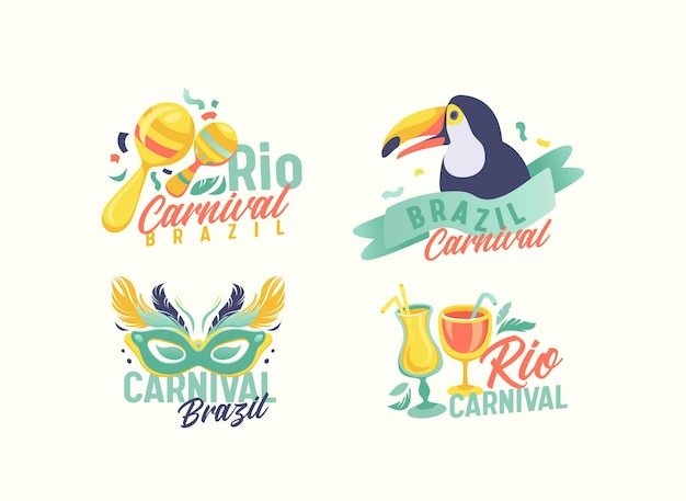 Conjunto de emblemas do carnaval carioca com máscara, pássaro tucano, coquetéis e maracas. banners, adesivos ou etiquetas festivas para o feriado brasileiro. banners de entretenimento do festival do brasil. ilustração em vetor desenho animado