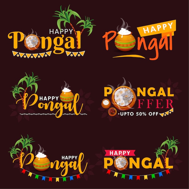 Conjunto de emblemas do festival indiano pongal feliz.