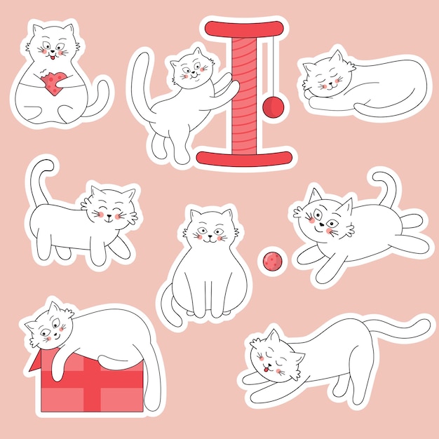 Conjunto de emblemas, patches e adesivos de gatos brancos. animal de estimação gordo em quadrinhos em diferentes poses.