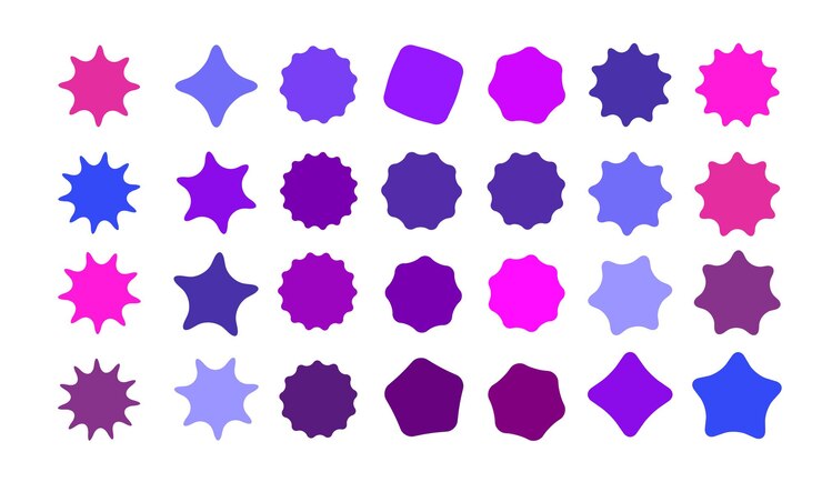 Vetor conjunto de emblemas vetor starburst sunburst coleção azul cor gradiente diferente estilo simples rótulos vintage elementos de design adesivos coloridos ilustração vetorial eps10 de ícones de tipos e cores
