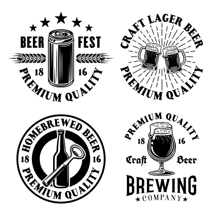 Vetor conjunto de emblemas vetoriais de cerveja e emblemas de cervejaria ou logotipos em estilo monocromático vintage isolado em fundo branco