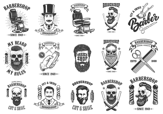 Conjunto de emblemas vintage de barbearia, distintivos e elementos de design