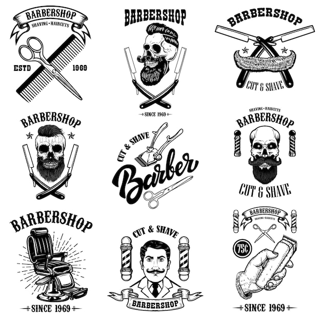 Conjunto de emblemas vintage de barbearia, distintivos e elementos de design