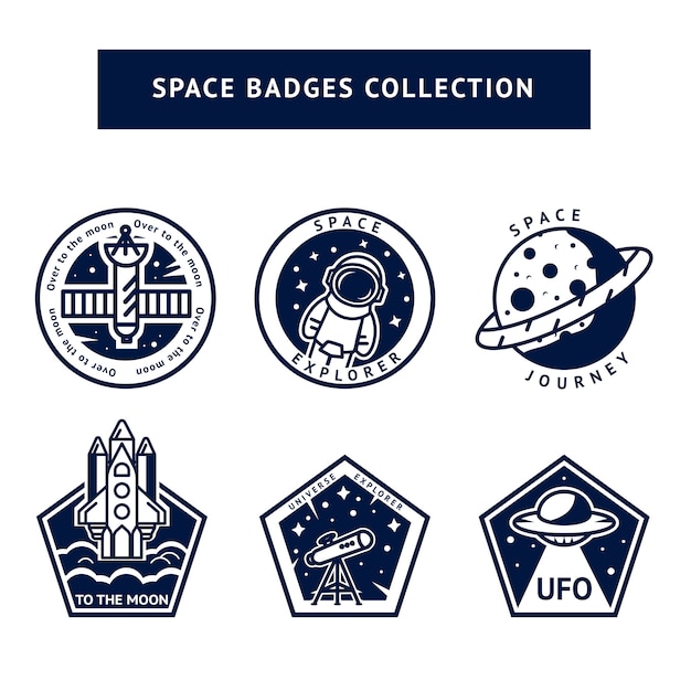 Conjunto de emblemas vintage espaço monocromático e astronauta