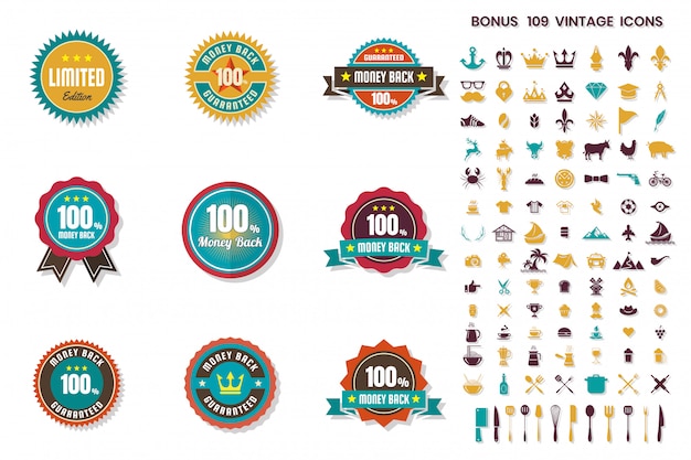 Conjunto de emblemas vintage retrô vector e coleção de ícones