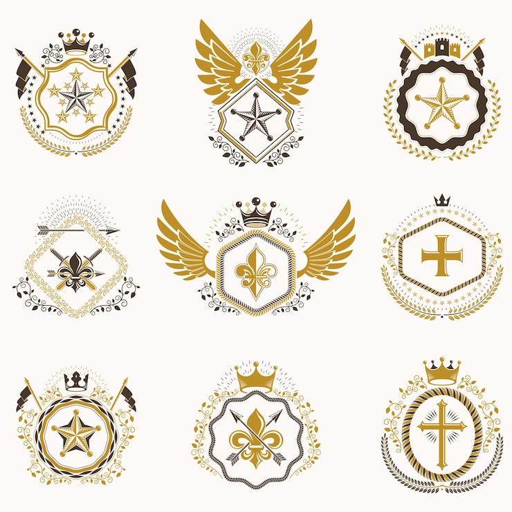 Vetor conjunto de emblemas vintage vetoriais criados com elementos decorativos como coroas, estrelas, asas de pássaros, arsenal e animais. coleção de brasão heráldico.