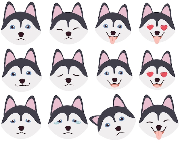 Conjunto de emoções de cachorro husky siberiano engraçado, sorridente e zangado, triste e encantado, rosto de cachorro