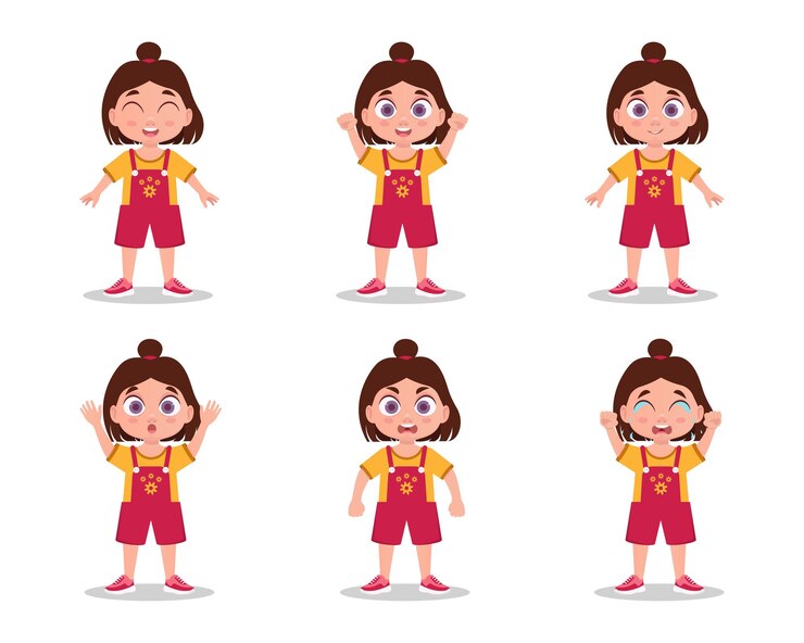 Vetor conjunto de emoções de uma criança, emoções de uma menina. ilustração vetorial
