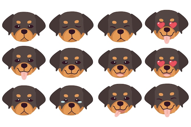 Vetor conjunto de emoções do cão rottweiler engraçado, sorridente e zangado, triste e encantado, rosto de desenho de cachorro