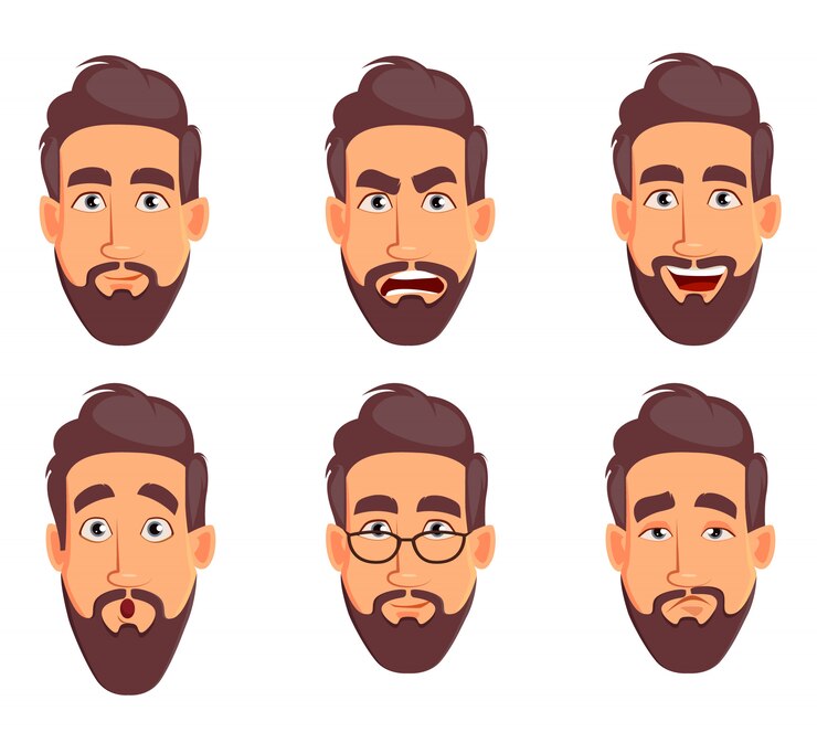 Vetor conjunto de emoções masculinas diferentes. personagem de desenho animado bonito