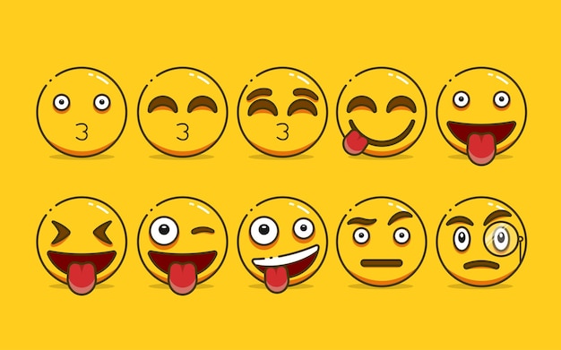 Vetor conjunto de emoji amarelo fofo com estilo de contorno