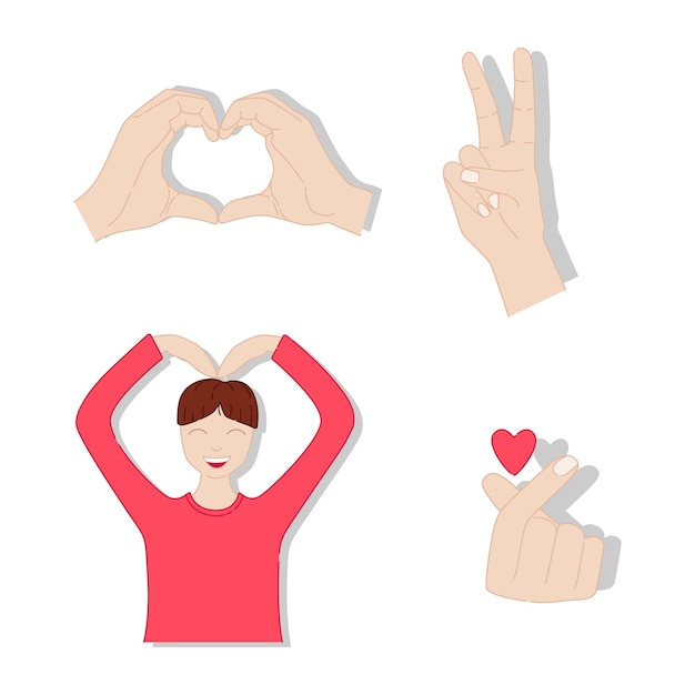 Vetor conjunto de emoji k-pop. homem fazendo um símbolo de coração. sinal de gesto com a mão k-pop de amor. mãos fazendo um símbolo de coração. sinal de mão de vitória. ilustração vetorial