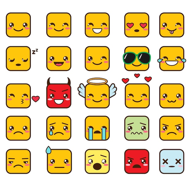 Conjunto de emojis kawaii quadrados fofos