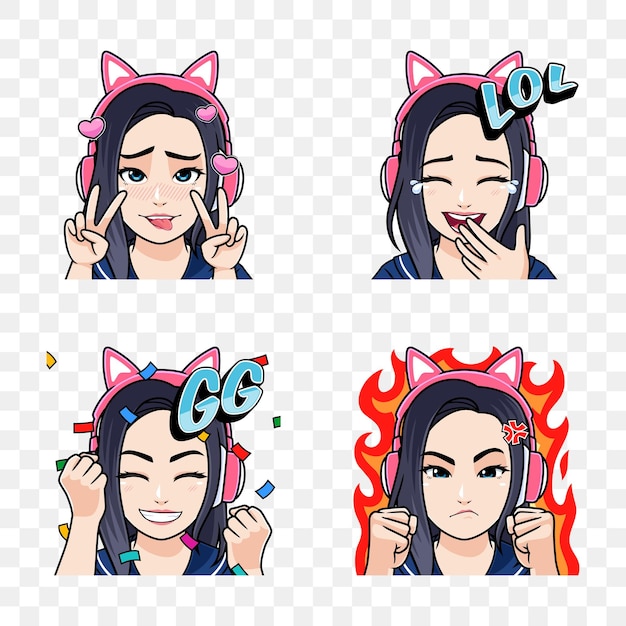 Vetor conjunto de emotes de garota jogadora recursos gráficos para streamer personagem de logotipo vetorial de jogos