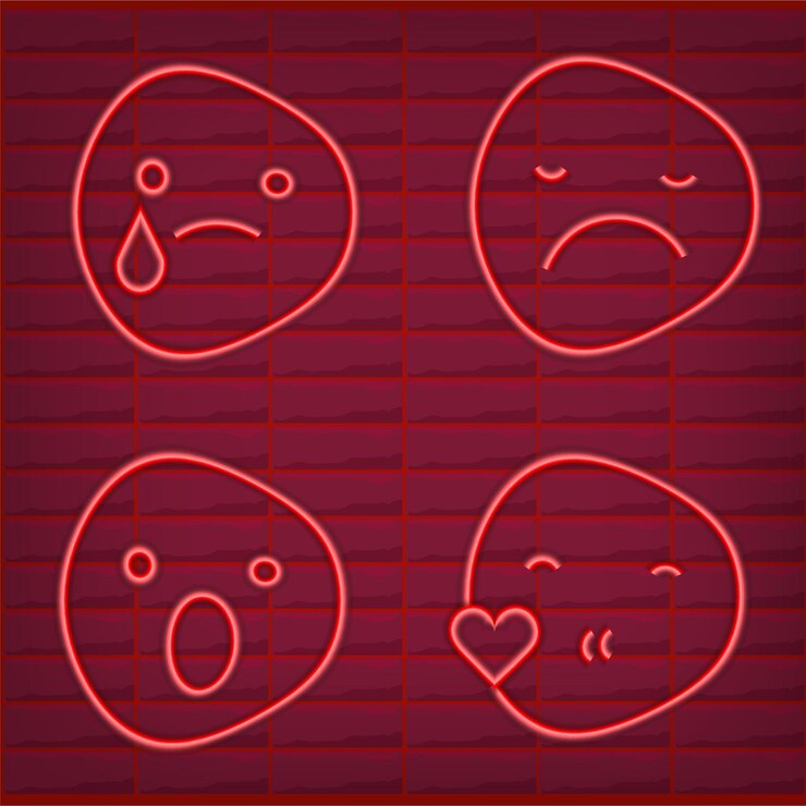 Vetor conjunto de emoticon vermelho luz neon efeito emoji brilho da lâmpada isolado