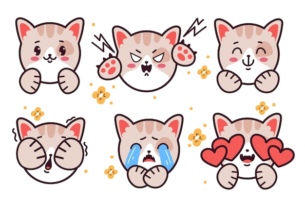 Conjunto de emoticons adesivos de emoji de gatinho fofo isolado no fundo branco ilustração em vetor plana dos desenhos animados