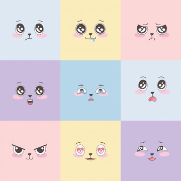 Kawaii desenhos animados emoticons coloridos conjunto vector