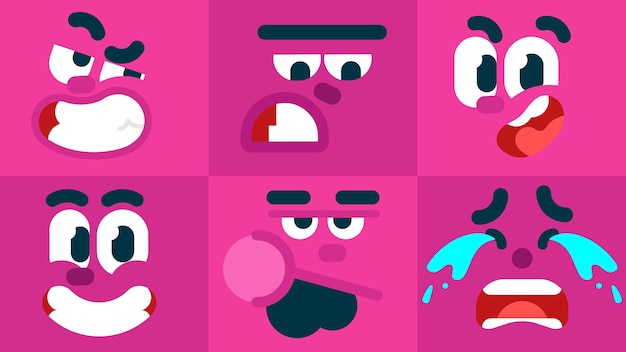 Vetor conjunto de emoticons coloridos, sorrindo, chorando, rindo, comendo, confiante, expressões de rosto com raiva
