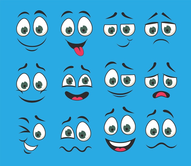 Conjunto de emoticons com ilustrações vetoriais de expressões faciais engraçadas. olhos e boca de personagem de desenho animado expressivo bonito, rosto cômico com raiva, feliz e triste isolado em fundo azul. conceito de emoções