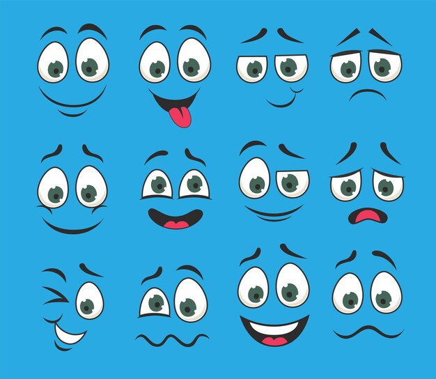 Faces Desenhadas À Mão Dos Desenhos Animados. Olhos E Boca Expressivos,  Sorrindo, Chorando E Expressões De Rosto De Personagens Surpresos. Emoções  Cômicas De Caricatura Ou Emoticon Doodle. Royalty Free SVG, Cliparts,  Vetores