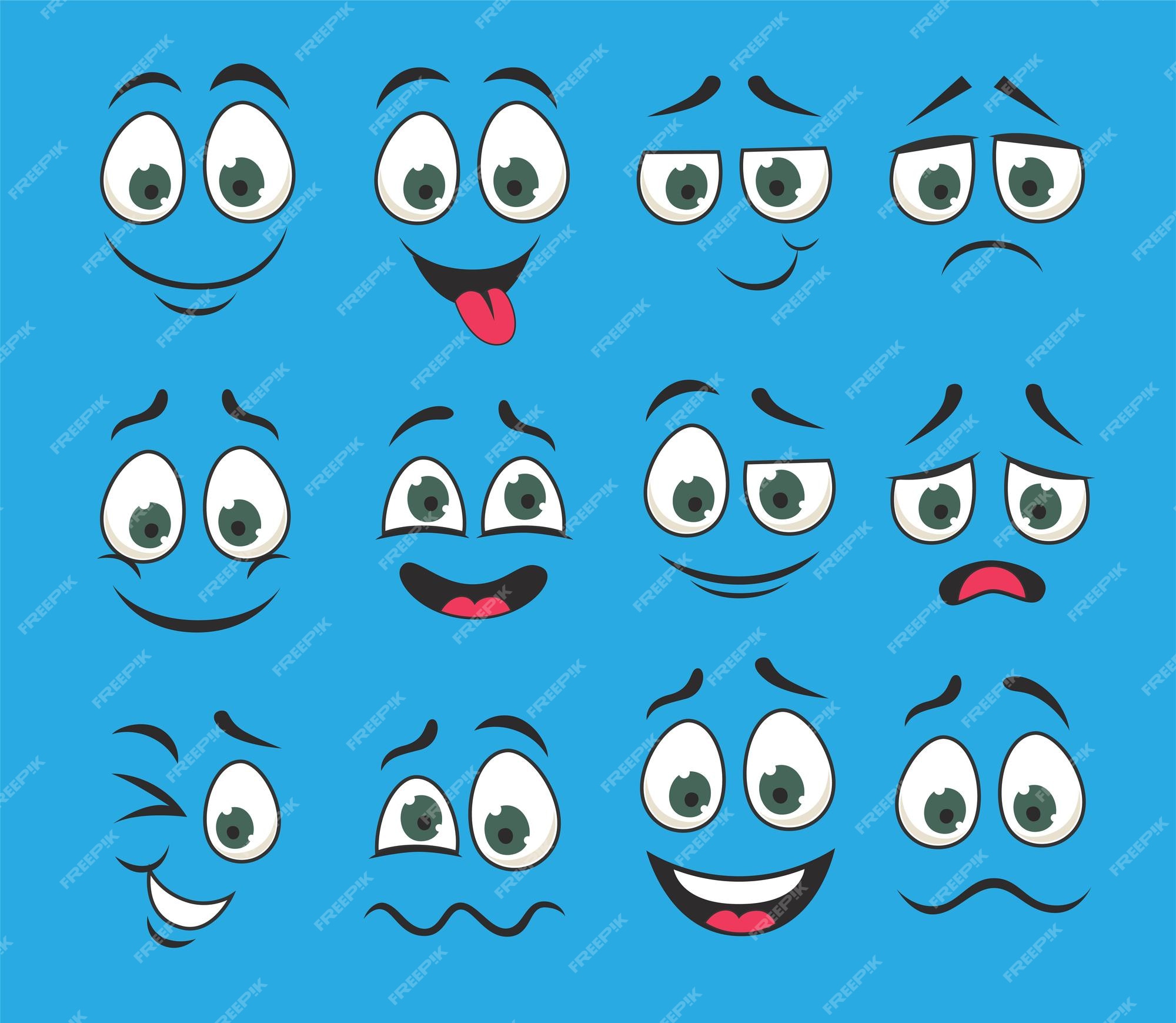 Olhos expressivos e boca sorrindo chorando e expressão facial surpresa do  personagem estilo de desenho animado