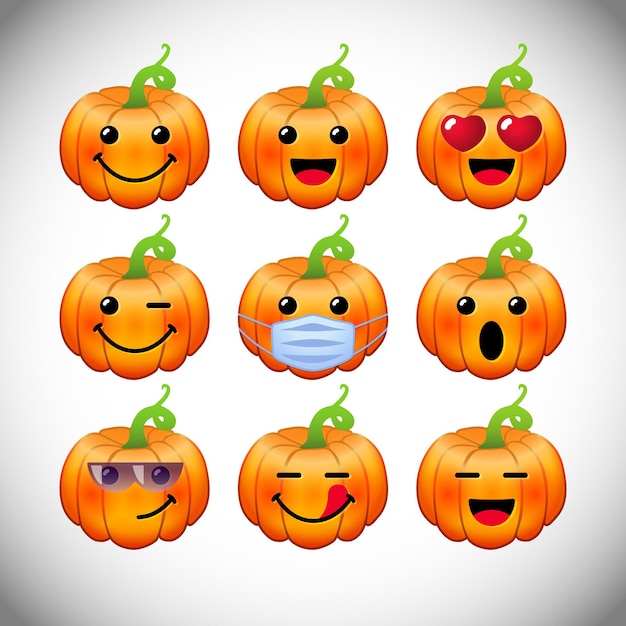 Conjunto de emoticons de abóbora positivos. personagens brilhantes, rostos laranja e amarelos decorativos web 3d.