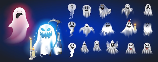 Conjunto de emoticons de personagens fantasmas isolado no fundo branco. personagens de fantasmas fofos. ilustração em vetor eps 10