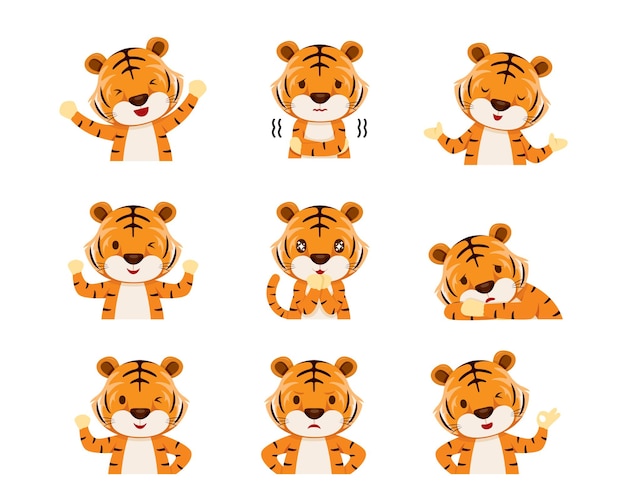 Vetor conjunto de emoticons de tigre fofo com diferentes posturas