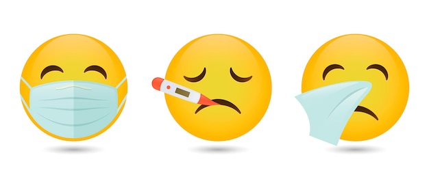 Conjunto de emoticons vetoriais com termômetro de máscara médica e lenço em um fundo branco