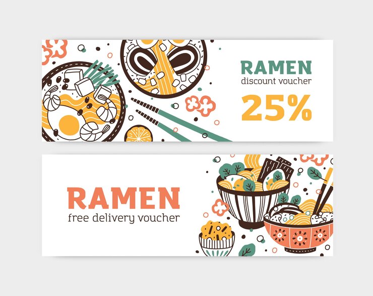 Conjunto de entrega gratuita de ramen e ilustração plana de banner de voucher de desconto. Panfleto de restaurante nacional de cozinha japonesa ou café com lugar para texto isolado. Promo horizontal com refeição oriental