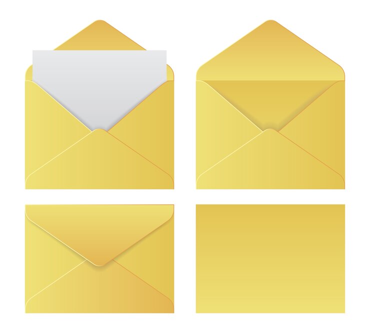 Vetor conjunto de envelopes amarelos em diferentes pontos de vista, isolados no fundo branco. envelopes realistas.