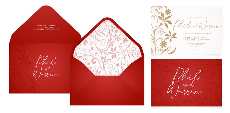 Vetor conjunto de envelopes vermelhos com folha dourada com padrão de redemoinho ornamental floral para layout de papelaria