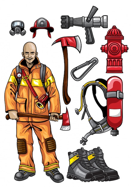 Vetor conjunto de equipamento de bombeiro