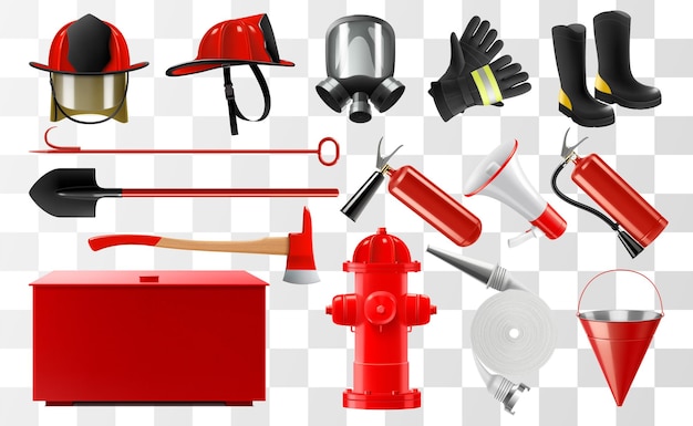 Vetor conjunto de equipamento de combate a incêndios, incluindo luvas de protecção, botas, suportes, pá, machado