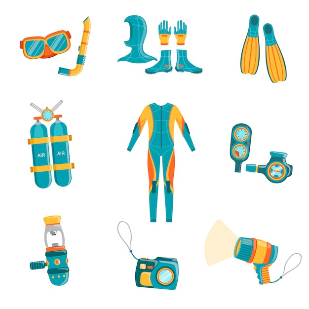 Vetor conjunto de equipamento de mergulho