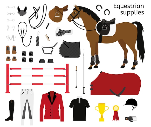 Vetor conjunto de equipamento equestre e cavalo