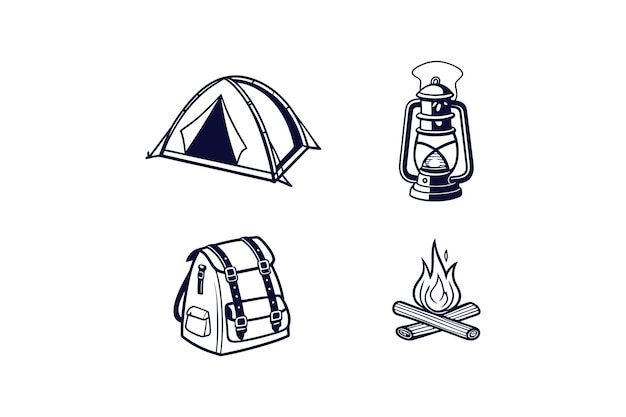 conjunto de equipamentos de acampamento silhueta clip art ilustração vetorial