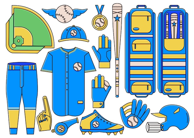 Vetor conjunto de equipamentos de beisebol e softbol, equipamentos, vestuário e elementos uniformes, incluindo campo de diamante, bola, taco, bolsa, pano. coleção de elementos de bola de base em design de linha de cores planas.