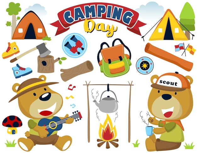 Conjunto de equipamentos de camping com escuteiros engraçados