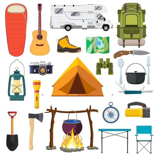 Conjunto de equipamentos de camping em branco.