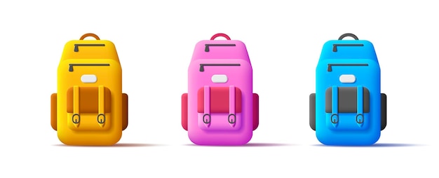 Conjunto de equipamentos de educação ou turismo de ícones de mochila 3d coloridos