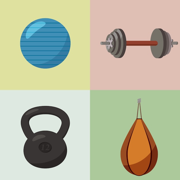 Conjunto de equipamentos de fitness, peso, halteres, bola, boxe de pêra