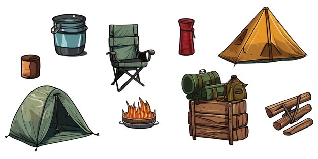 Conjunto de equipamentos de ilustração de acampamento em fundo branco