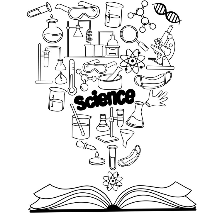 Vetor conjunto de equipamentos de laboratório em preto e branco desenhado em estilo doodle desenhado à mão química infantil