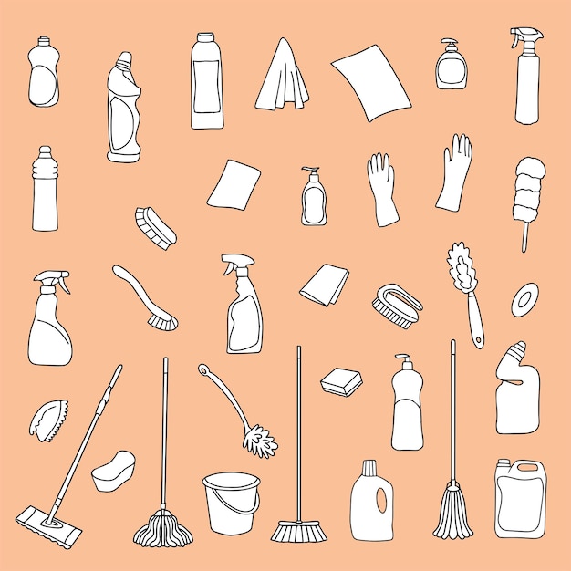 Conjunto de equipamentos de limpeza ícones da linha de limpeza linha de equipamentos desenhados à mão produtos e ferramentas de limpeza para lavar e desinfectar o balde da casa e pulverizador de detergente de esfregão