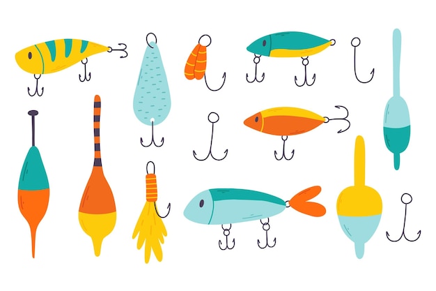 Conjunto de equipamentos de pesca coleção desenhada à mão de equipamentos de pesca e flutuadores isolados em uma ilustração vetorial de fundo branco
